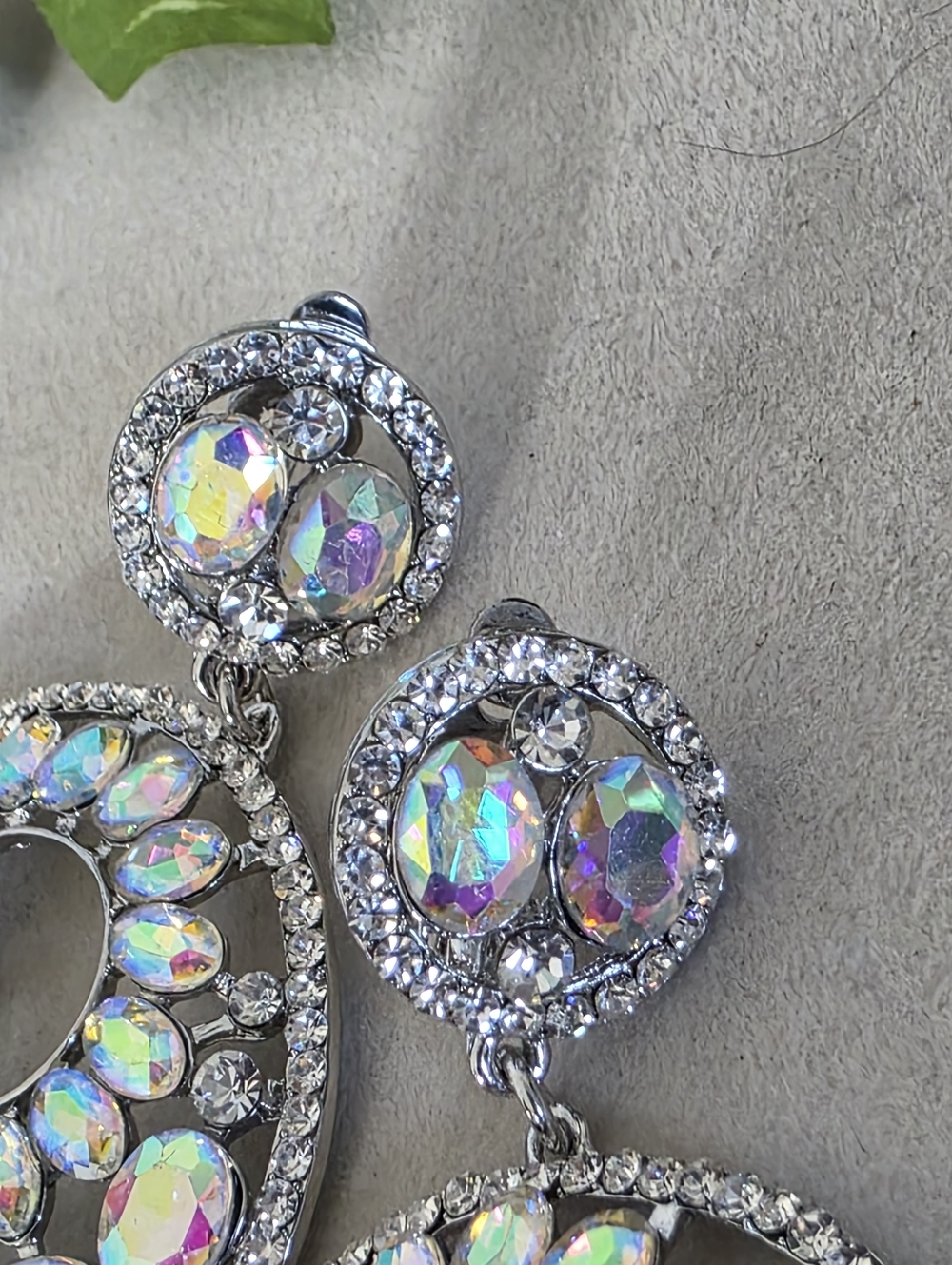 Silver AB Crystal Iridescent Rhinestone Double Circle Drop Clip On Earrings - Picture 4 of 11